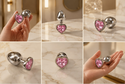 Metal plug with pink heart crystal - multiple angles